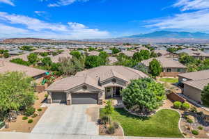 Aerial view of residential area with a mountain backdrop