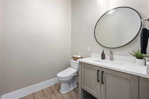 Half bath featuring wood finished floors and vanity