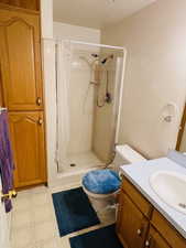 Full bath featuring a stall shower and vanity