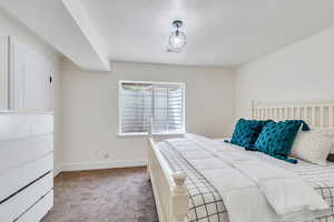 Carpeted bedroom with baseboards and a textured ceiling