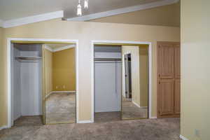 Unfurnished bedroom with carpet floors, two closets, lofted ceiling, and baseboards