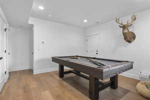 Rec room with billiards, light wood finished floors, and recessed lighting
