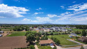 Aerial view of residential area with a mountain backdrop