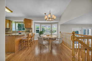 Dining area featuring plenty of natural light, light wood finished floors, and a chandelier