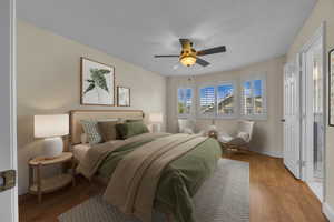 Bedroom with wood finished floors and ceiling fan