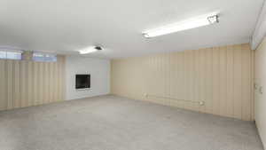 Basement featuring carpet, a fireplace, and wood walls
