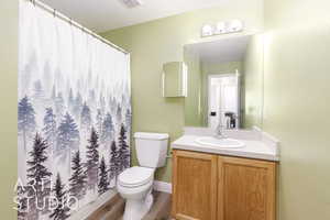 Bathroom featuring toilet, vanity, wood finished floors, and a shower with curtain
