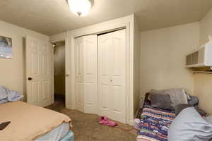 Carpeted bedroom featuring a closet and a textured ceiling