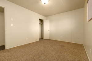 Unfurnished bedroom featuring carpet floors, a closet, and baseboards