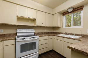 Kitchen featuring white range with electric cooktop, a sink, and dark wood-style flooring
