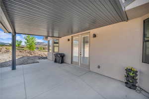 View of patio / terrace featuring a mountain view