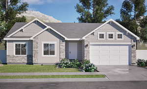 Craftsman-style home featuring stone siding, concrete driveway, a garage, and a mountain view