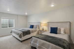 Large basement bedroom with two queen beds
