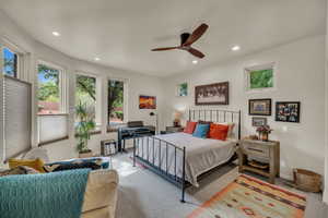 Bedroom with recessed lighting, carpet, and ceiling fan
