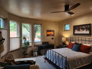 Carpeted bedroom featuring a ceiling fan and recessed lighting