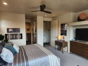 Bedroom with recessed lighting, carpet flooring, ceiling fan, and a closet