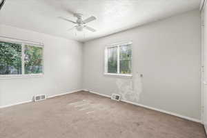 Carpeted spare room featuring plenty of natural light and a ceiling fan