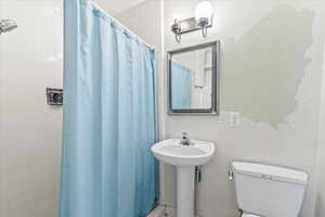 Bathroom with toilet and a shower with shower curtain