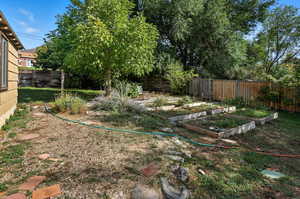 Fenced backyard with a garden