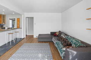 Living room with dark wood-style floors and recessed lighting