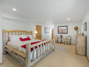 Carpeted bedroom with recessed lighting