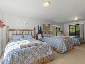 Carpeted bedroom featuring access to outside