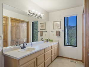 Full bath with double vanity and plenty of natural light