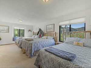 Bedroom with carpet flooring, multiple windows, and a textured ceiling