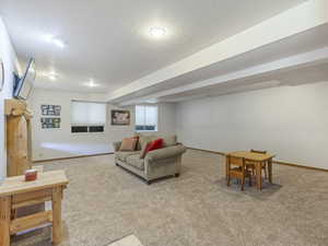 Carpeted living area featuring baseboards and a textured ceiling