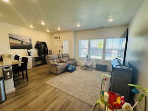 Living room with wood finished floors, a textured ceiling, and recessed lighting