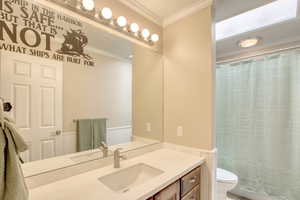 Full bath with vanity, a wainscoted wall, and crown molding