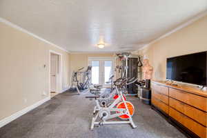Workout room in Primary bedroom with french doors, a textured ceiling, and ornamental molding