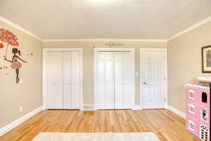2nd Bedroom with two closets, wood finished floors, a textured ceiling, and ornamental molding