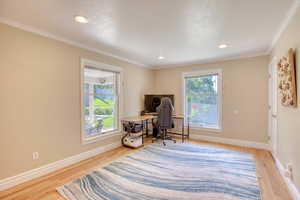 Office area featuring plenty of natural light, wood finished floors, crown molding, and recessed lighting