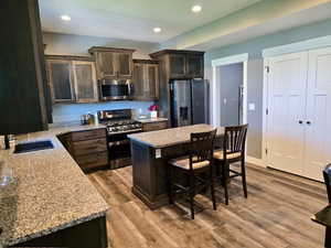 Dual oven gas stove, access to garage, utility area and walk in pantry