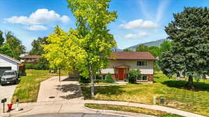 Bi-level home featuring a mountain view, brick siding, a front yard, and driveway