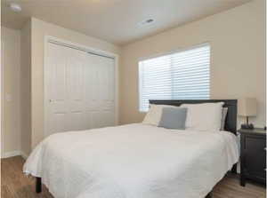 Bedroom featuring wood finished floors and a closet