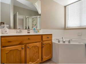 Full bathroom with vanity, a stall shower, a bath, and tile patterned floors