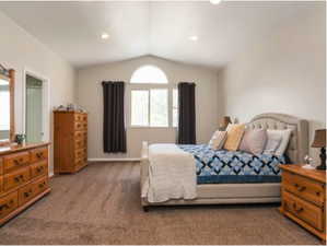Bedroom featuring carpet and vaulted ceiling