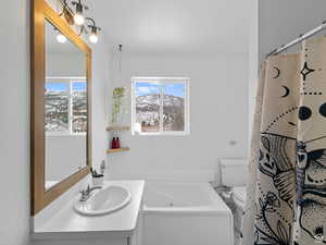 Full bathroom featuring a jetted tub &  separate shower, plenty of natural light, vanity, and a mountain view of only nature in your backyard!