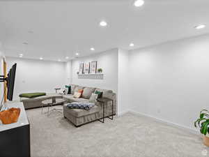 View in from bottom of stairs to downstairs living room.