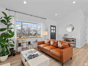 Living area with recessed lighting and light wood finished floors