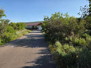 View of property from main road in. Large private driveway surrounded by natural foliage.