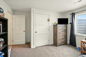 Bedroom featuring light colored carpet