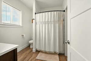 Bathroom with vanity, wood finished floors, and a shower with shower curtain