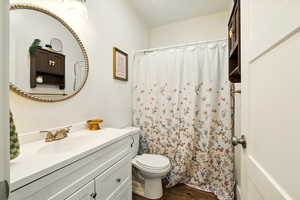 Full bathroom featuring vanity, wood finished floors, and a shower with curtain