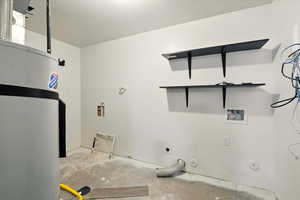 Laundry room with gas dryer hookup, hookup for an electric dryer, hookup for a washing machine, and water heater