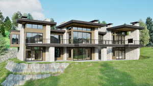 Rear view of property with a balcony, a lawn, stone siding, and a patio