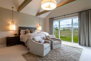 Bedroom featuring light colored carpet, high vaulted ceiling, a mountain view, beamed ceiling, and access to exterior