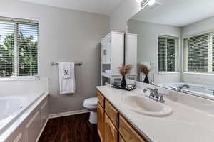 Bathroom with a bath, wood finished floors, vanity, and plenty of natural light